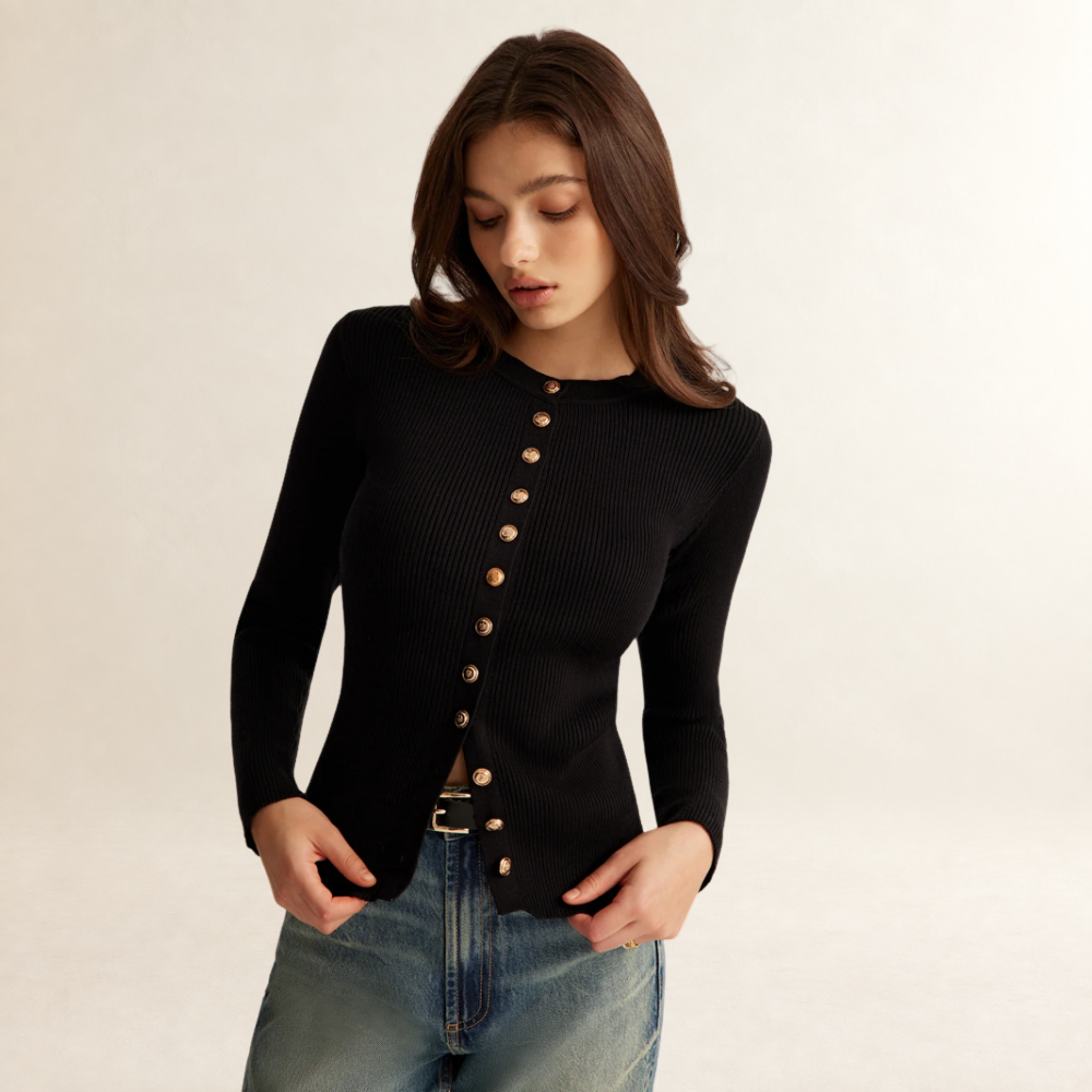 Women's waist long sleeve blouse with button placket, tight fit and ribbed texture