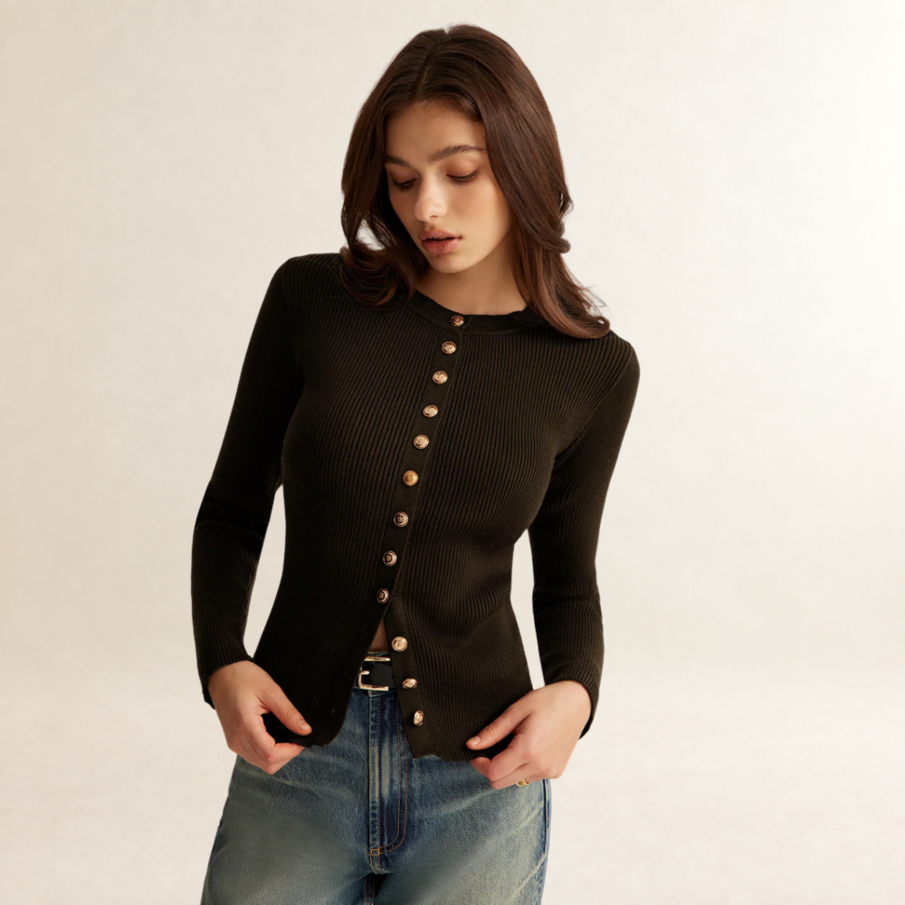 Women's waist long sleeve blouse with button placket, tight fit and ribbed texture