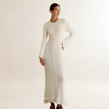 Women's waist maxi dress with ruffle at hem, long sleeve and figure-hugging fit