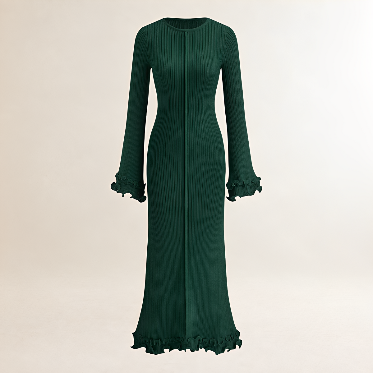 Women's waist maxi dress with ruffle at hem, long sleeve and figure-hugging fit
