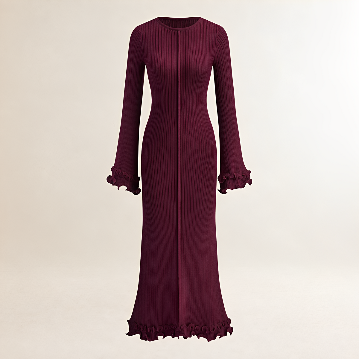 Women's waist maxi dress with ruffle at hem, long sleeve and figure-hugging fit