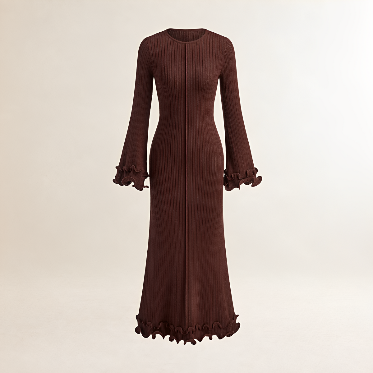 Women's waist maxi dress with ruffle at hem, long sleeve and figure-hugging fit
