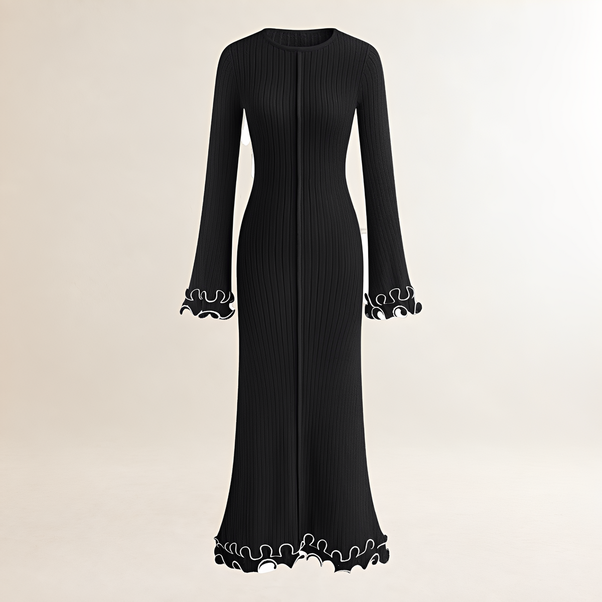 Women's waist maxi dress with ruffle at hem, long sleeve and figure-hugging fit