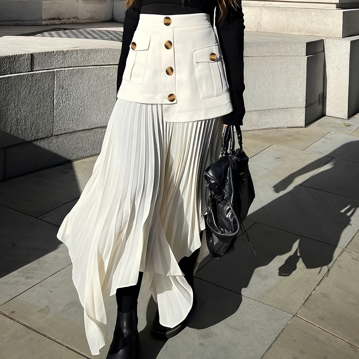 Women's waist midi skirt with pleats, button front, asymmetrical hem, loose fit
