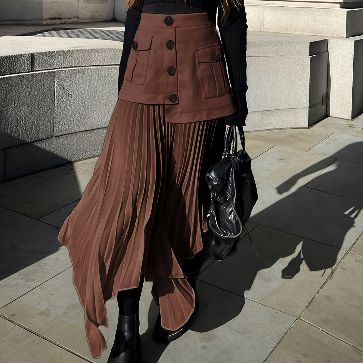 Women's waist midi skirt with pleats, button front, asymmetrical hem, loose fit