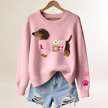Women's Sweater with Dachshund Motif - V-Neck, Relaxed Fit, Playful Patchwork