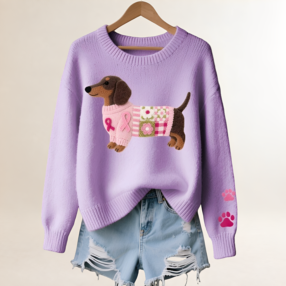 Women's Sweater with Dachshund Motif - V-Neck, Relaxed Fit, Playful Patchwork