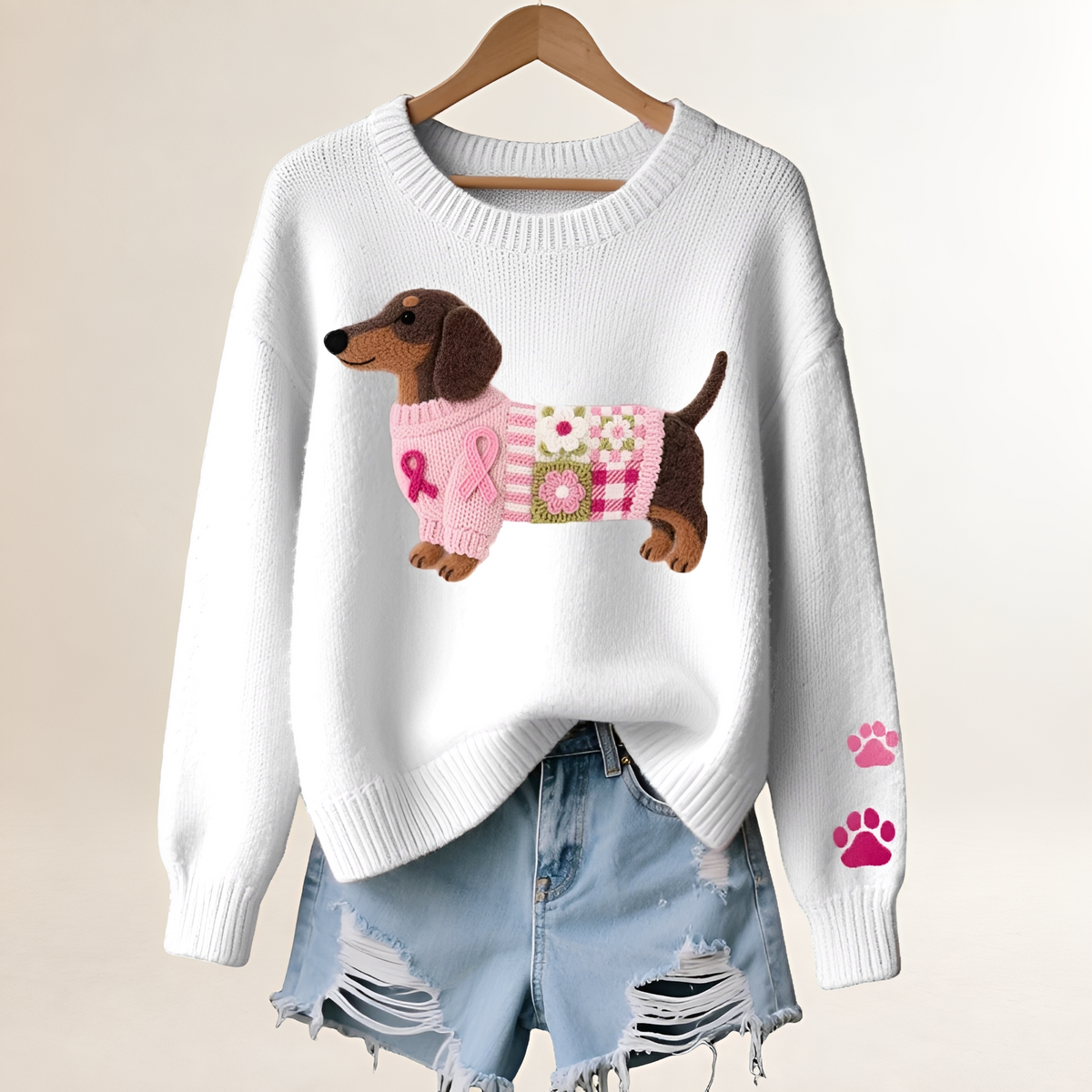 Women's Sweater with Dachshund Motif - V-Neck, Relaxed Fit, Playful Patchwork