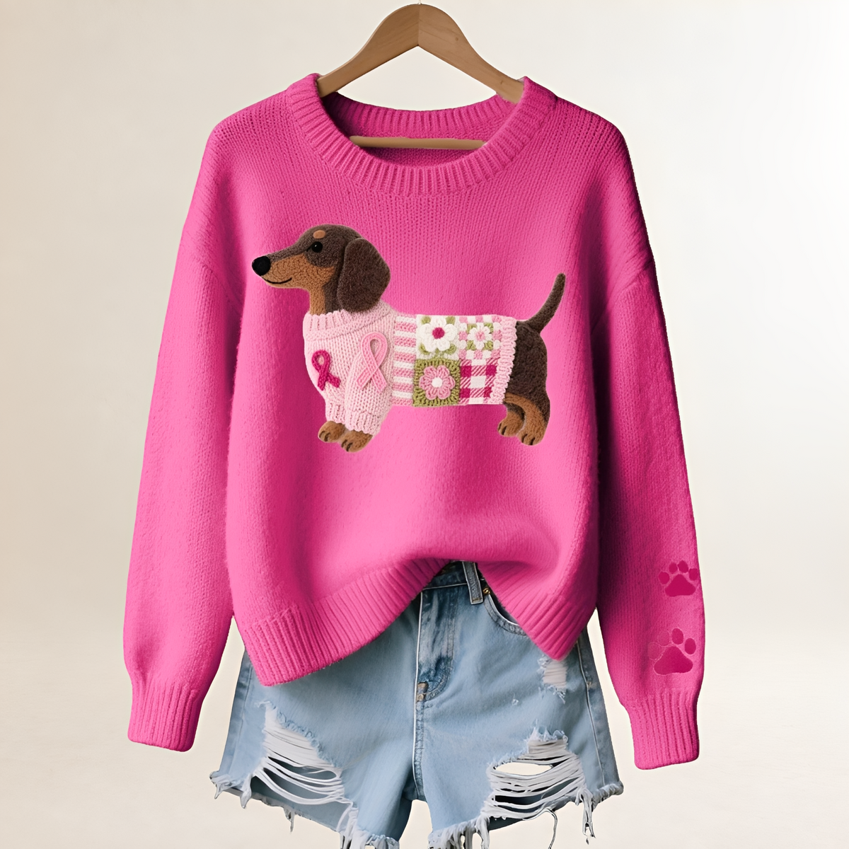 Women's Sweater with Dachshund Motif - V-Neck, Relaxed Fit, Playful Patchwork