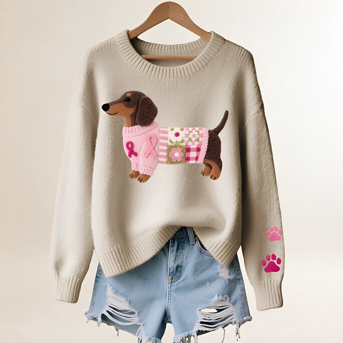 Women's Sweater with Dachshund Motif - V-Neck, Relaxed Fit, Playful Patchwork