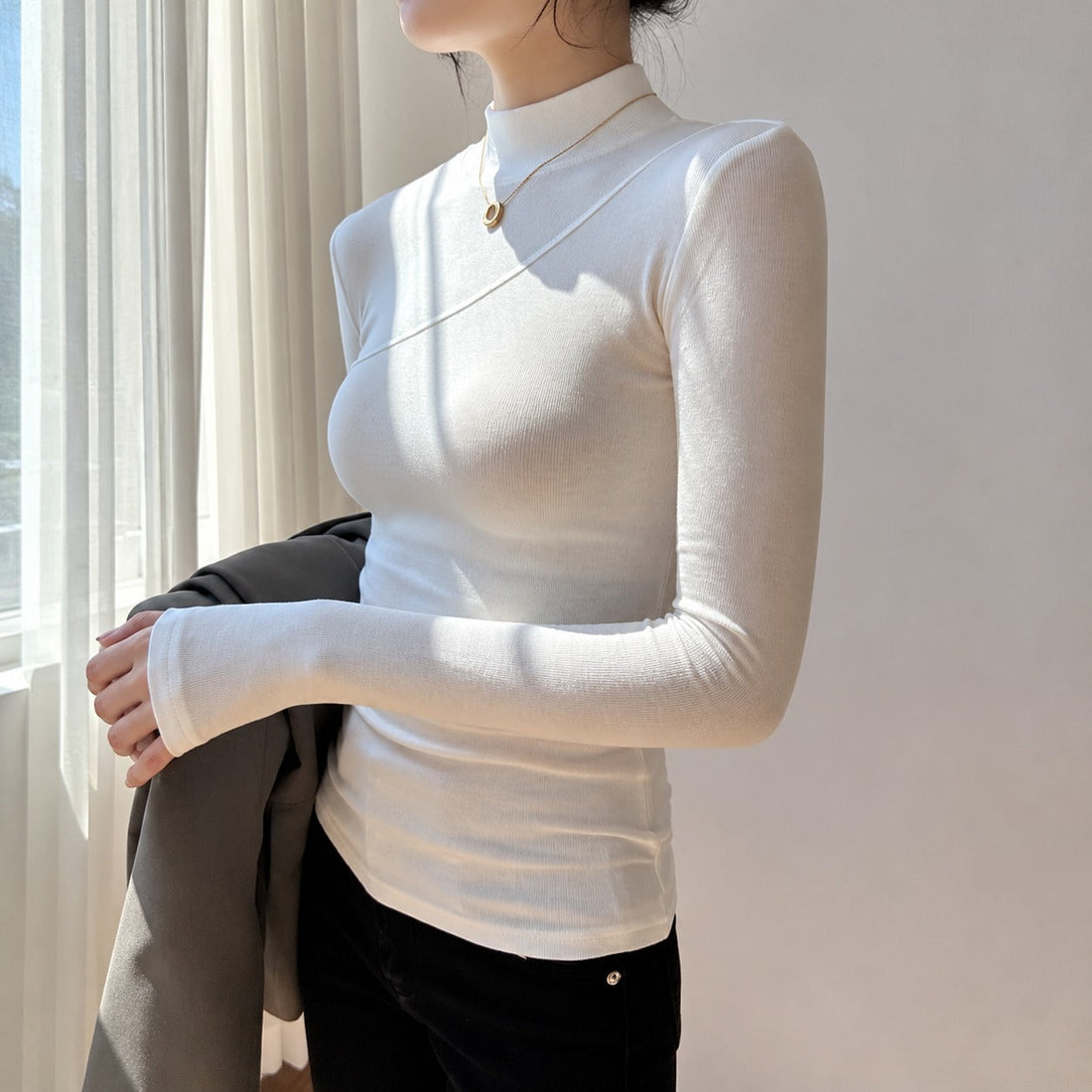 Women's Top Long Sleeve Mock Neck Asymmetrical Design Slim Fit