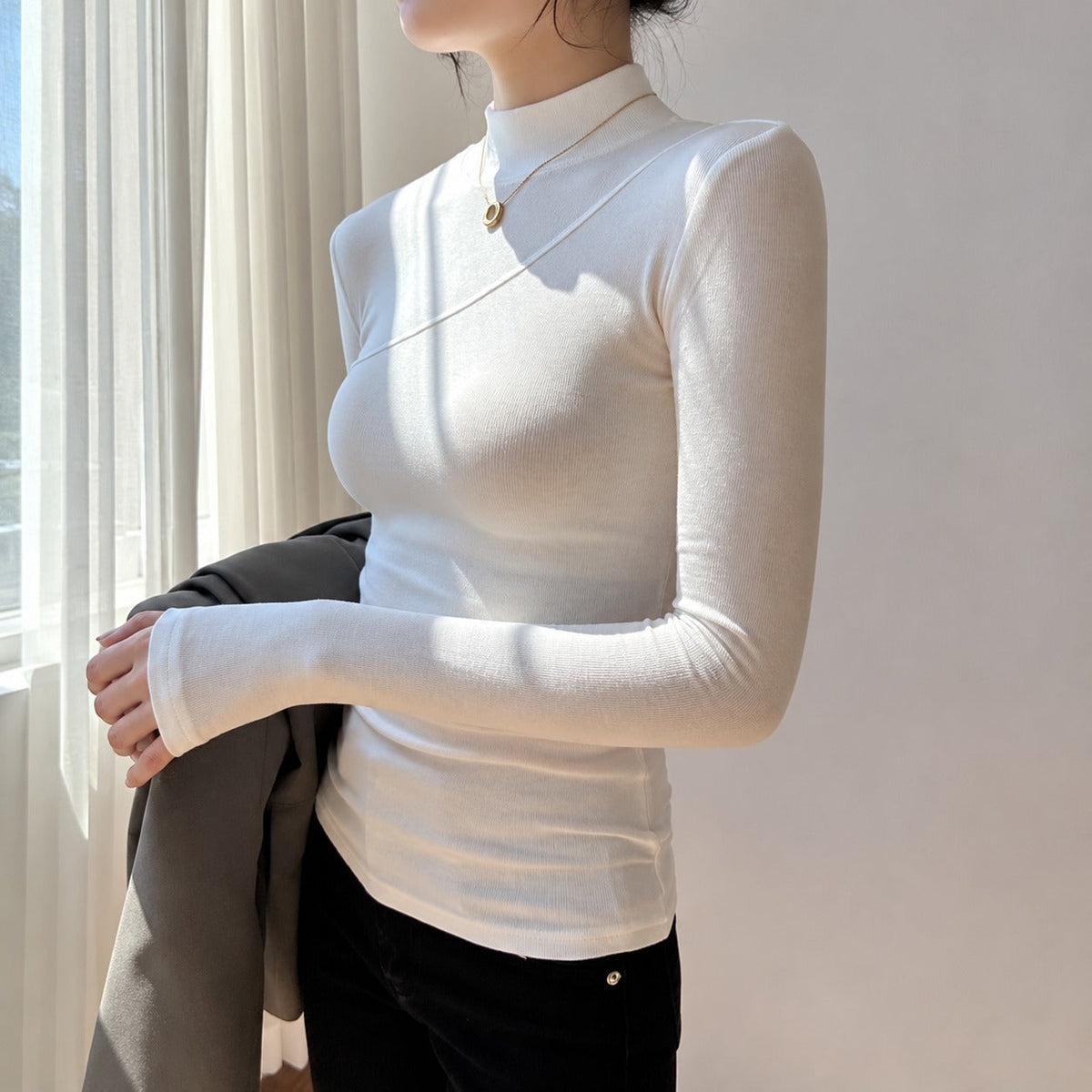 Women's Top Long Sleeve Mock Neck Asymmetrical Design Slim Fit
