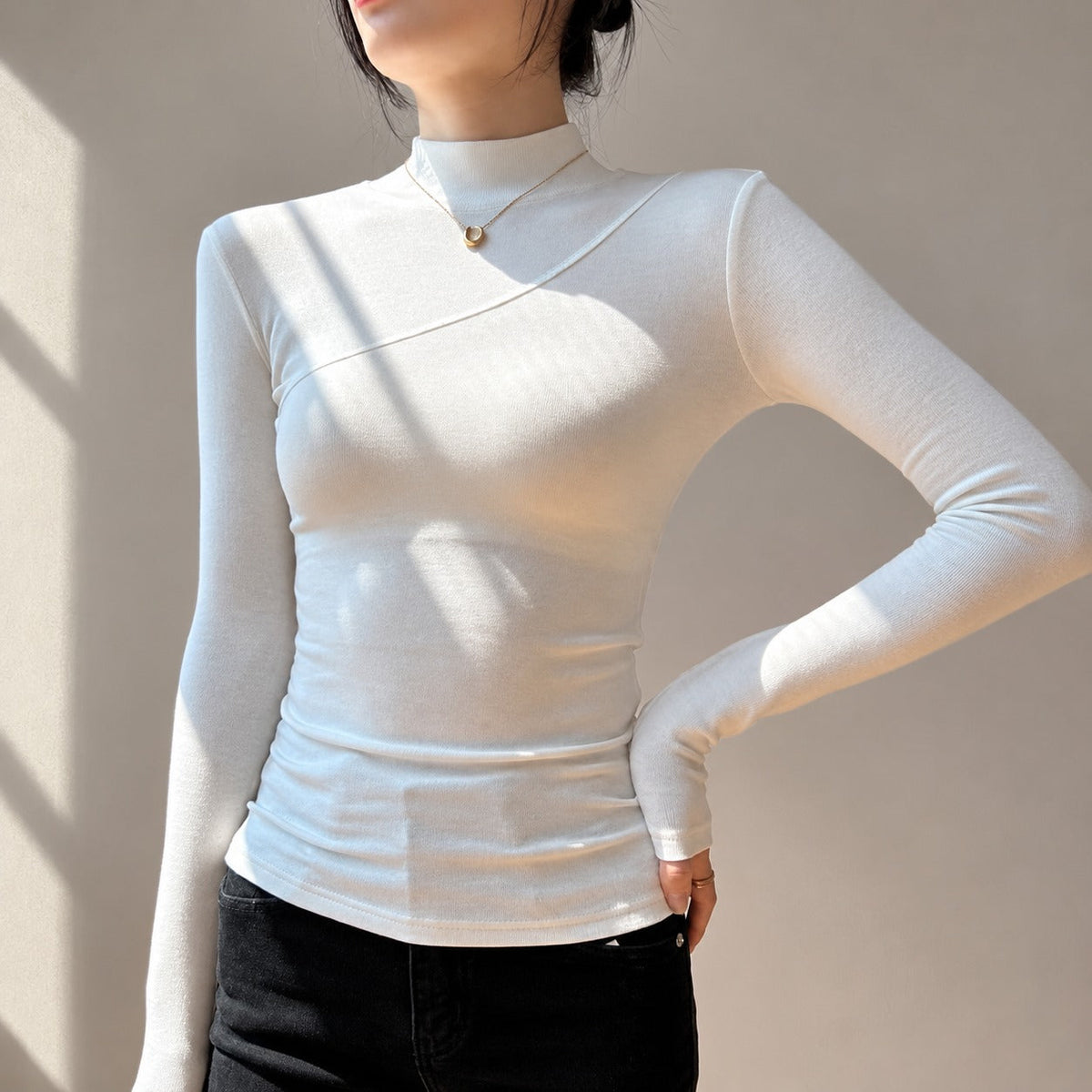 Women's Top Long Sleeve Mock Neck Asymmetrical Design Slim Fit