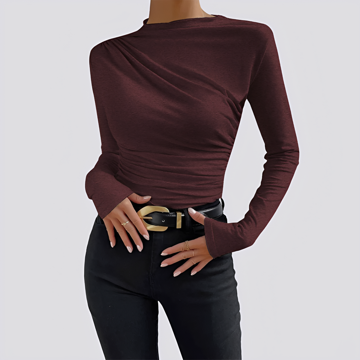 Women's top long sleeve shirt with stand-up collar and gathering - regular fit