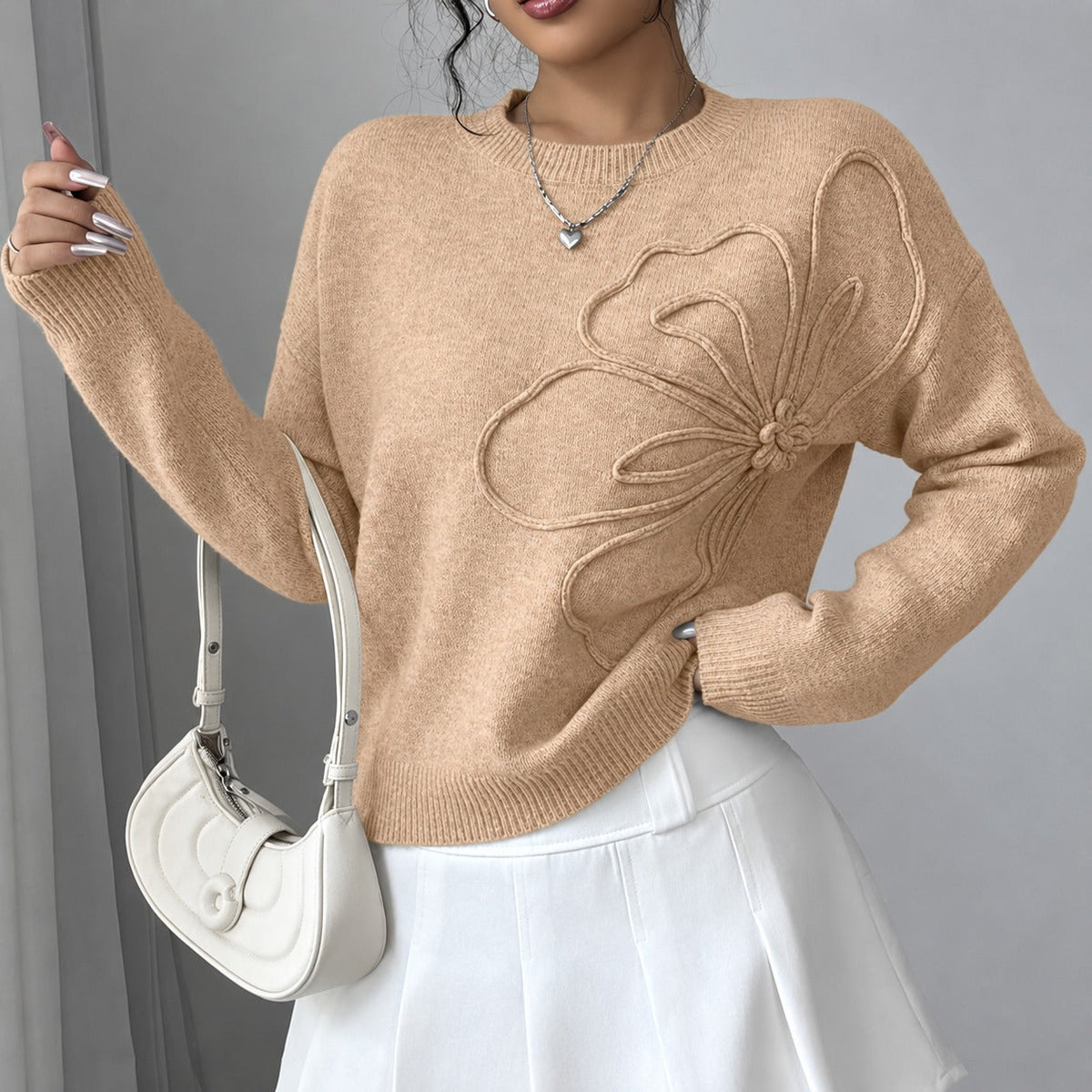 Women's Top with Floral Embroidery - Loose Fit, Crew Neck, Slightly Cropped