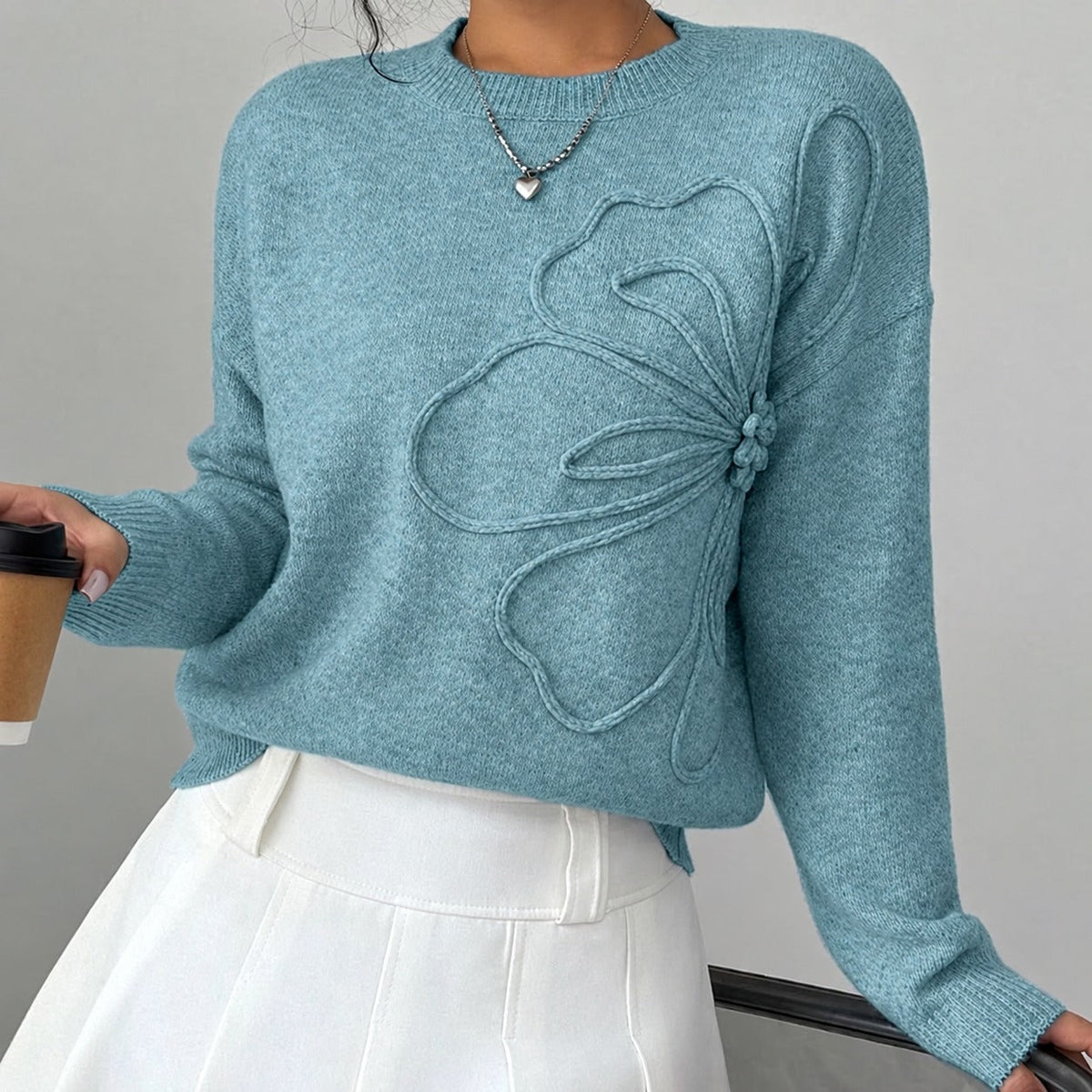Women's Top with Floral Embroidery - Loose Fit, Crew Neck, Slightly Cropped