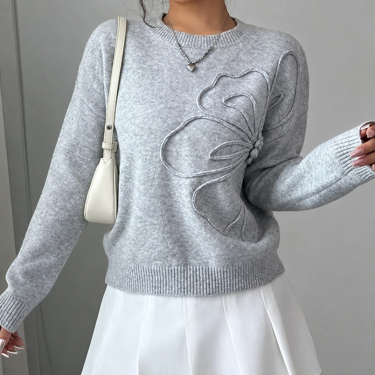 Women's Top with Floral Embroidery - Loose Fit, Crew Neck, Slightly Cropped