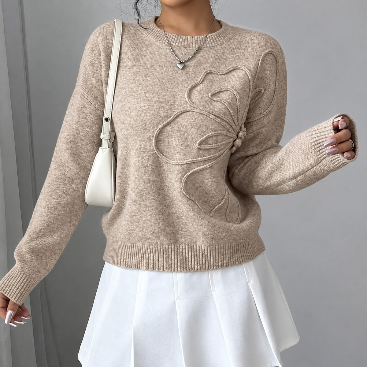 Women's Top with Floral Embroidery - Loose Fit, Crew Neck, Slightly Cropped
