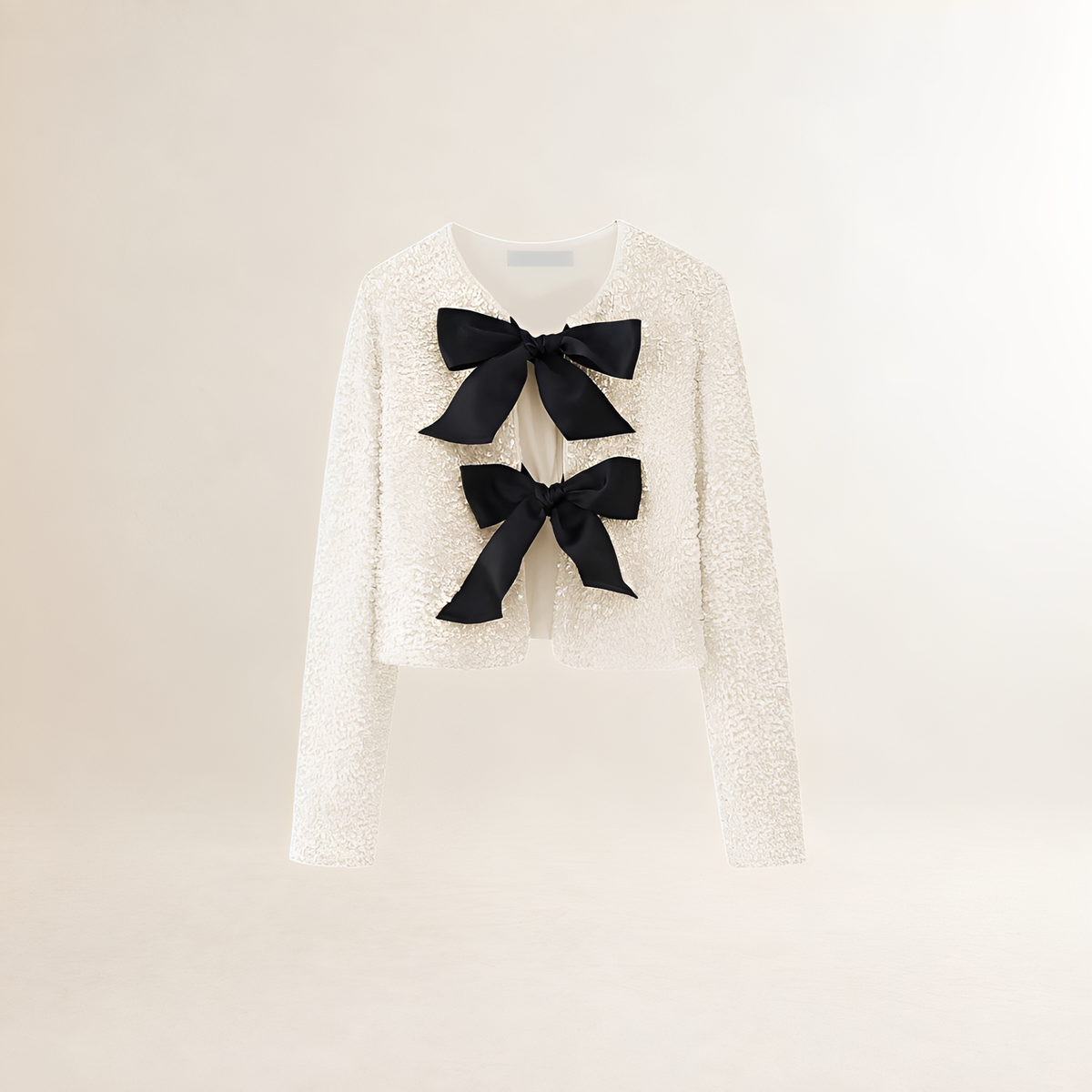 Women's Jersey Jacket with Sequins and Bow Closure - Short Sleeve, Regular Fit