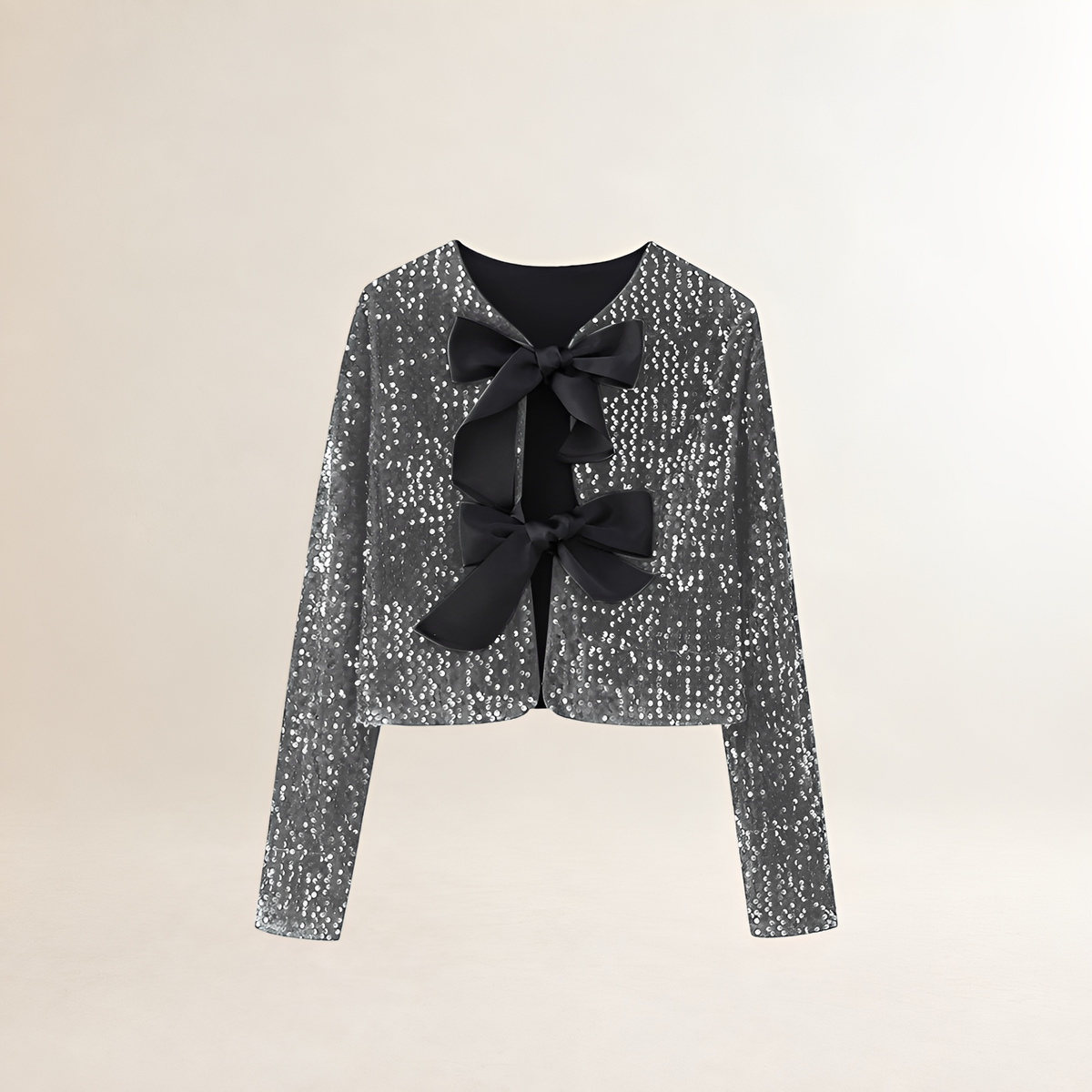 Women's Jersey Jacket with Sequins and Bow Closure - Short Sleeve, Regular Fit