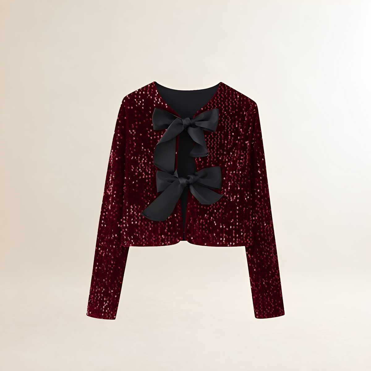 Women's Jersey Jacket with Sequins and Bow Closure - Short Sleeve, Regular Fit