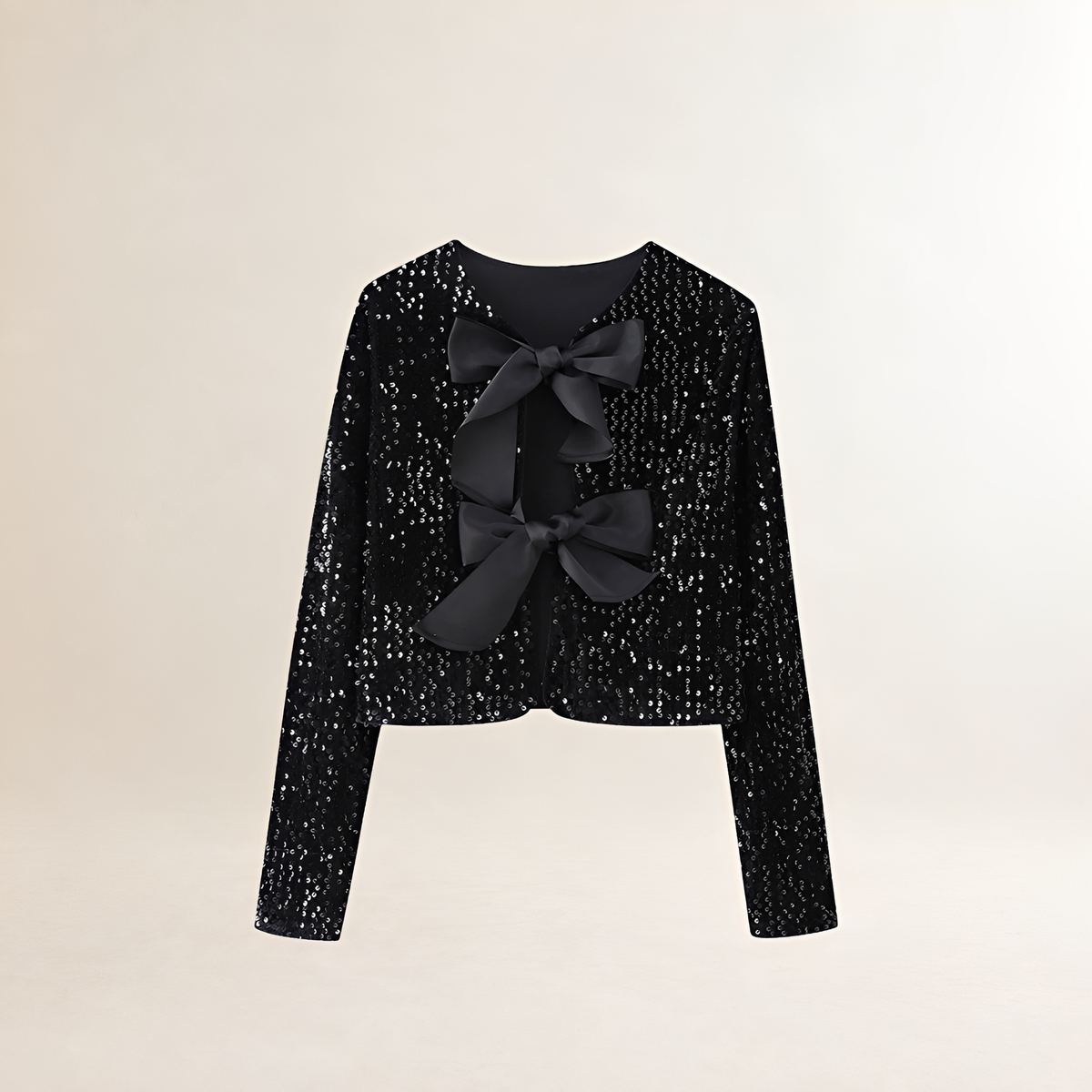 Women's Jersey Jacket with Sequins and Bow Closure - Short Sleeve, Regular Fit