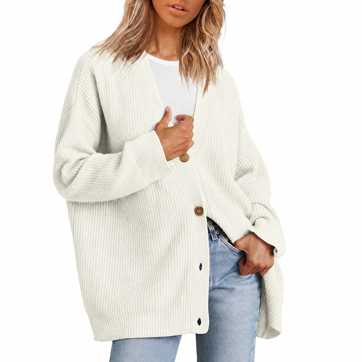 Women's Tunic with V-Neck and Button Placket in Oversized Cut