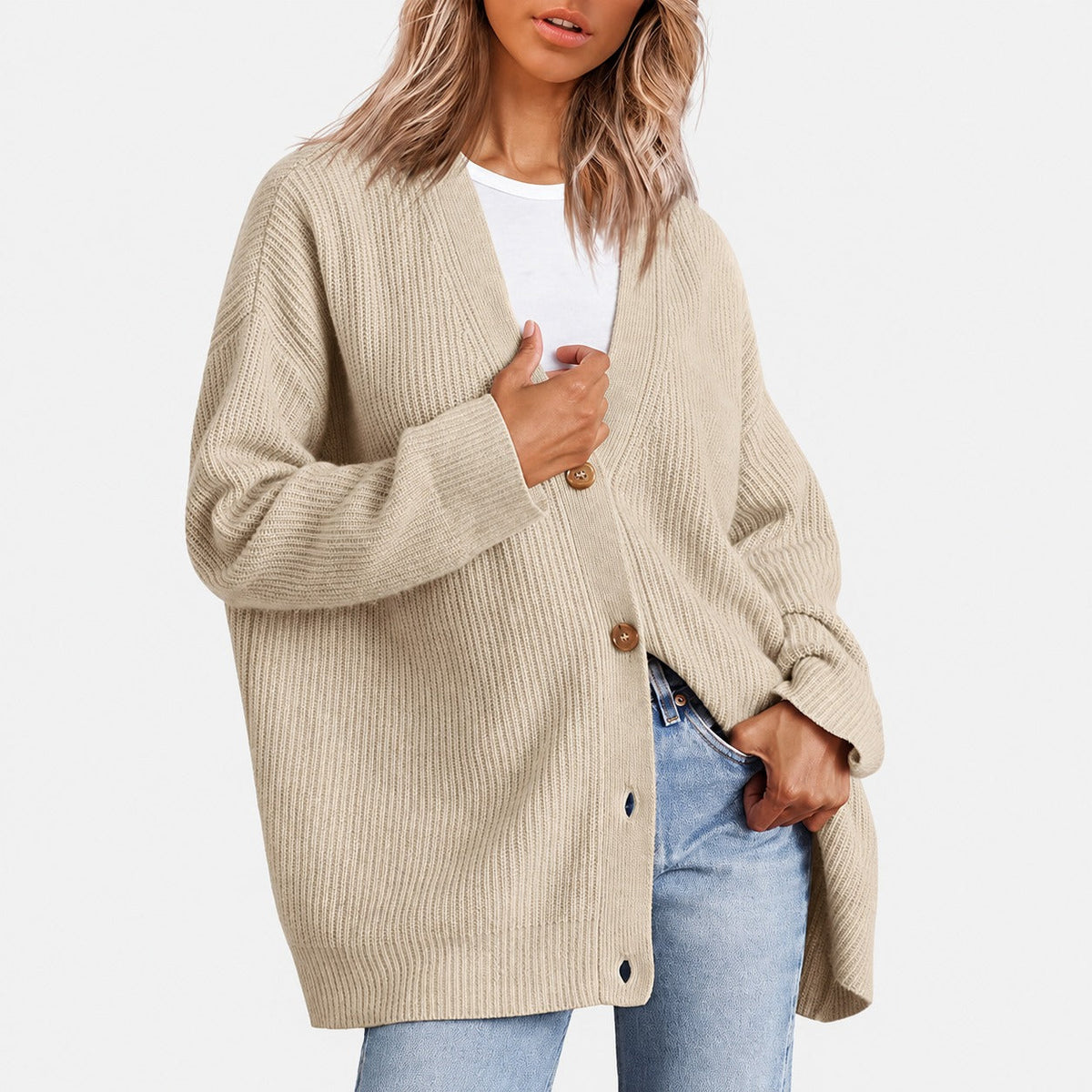 Women's Tunic with V-Neck and Button Placket in Oversized Cut