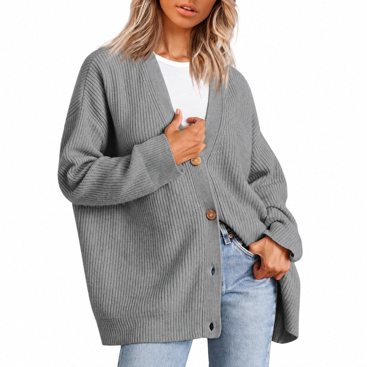 Women's Tunic with V-Neck and Button Placket in Oversized Cut