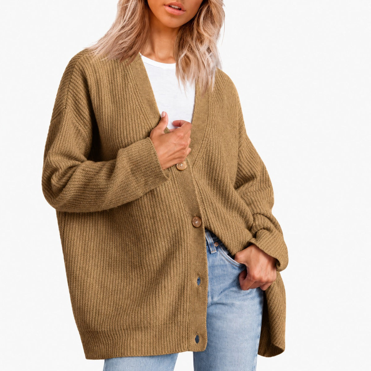 Women's Tunic with V-Neck and Button Placket in Oversized Cut