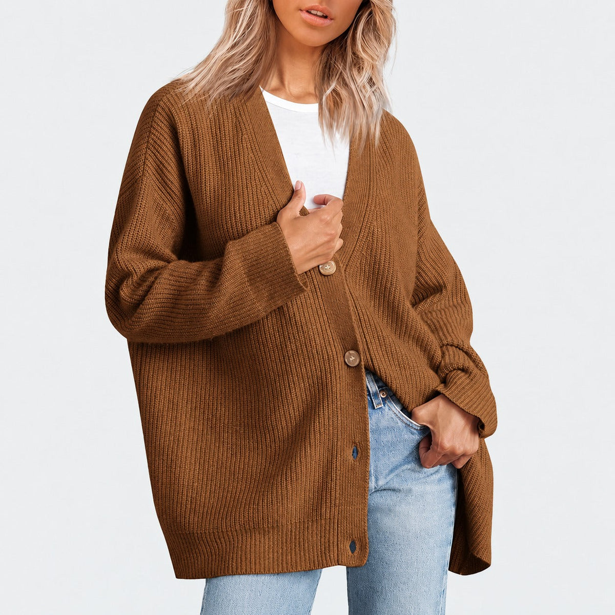 Women's Tunic with V-Neck and Button Placket in Oversized Cut