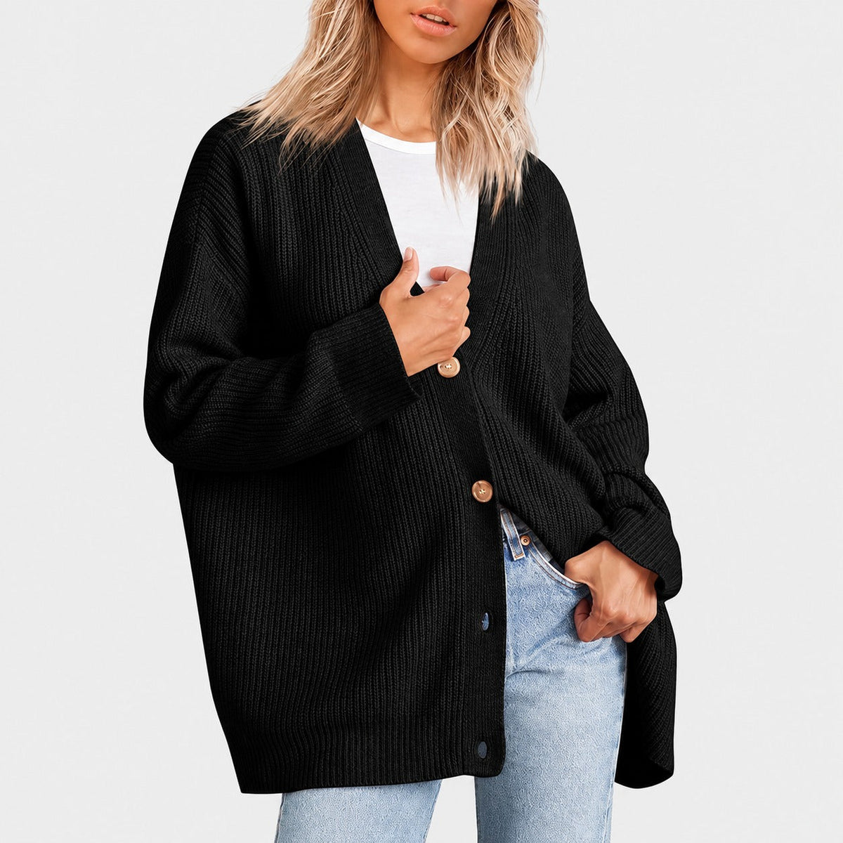 Women's Tunic with V-Neck and Button Placket in Oversized Cut
