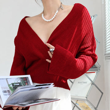Women's Tunic with V-Neck and Long Bell Sleeves - Wrap Style, Regular Fit