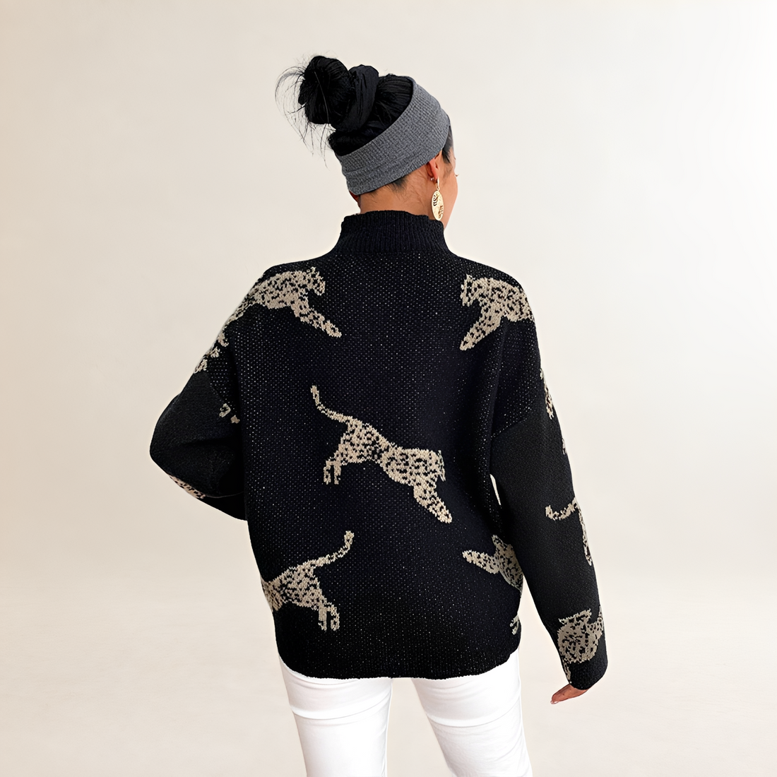 Women's Tunic Sweater Leo Pattern High Collar Regular Fit