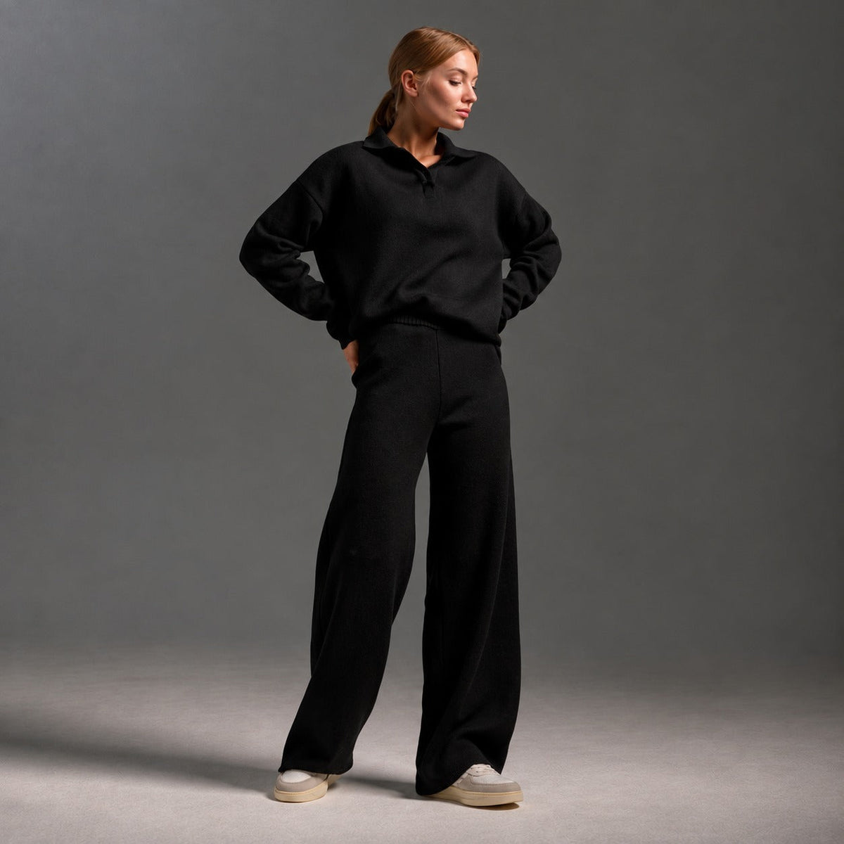 Women's Gym Bag Set with Polo Collar, Long Sleeve, Loose Fit and Wide Pants
