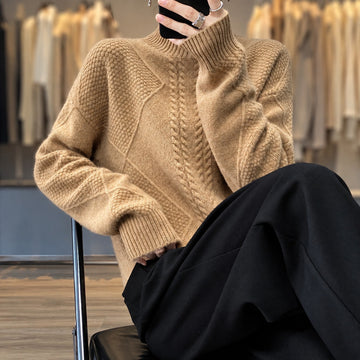 Women's Turtleneck Sweater with Textured Design Loose Fit