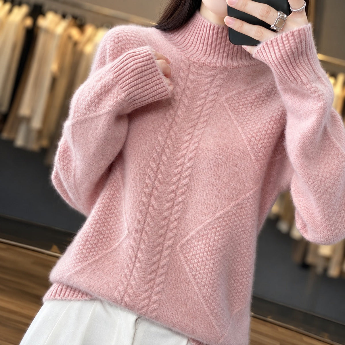 Women's Turtleneck Sweater with Textured Design Loose Fit