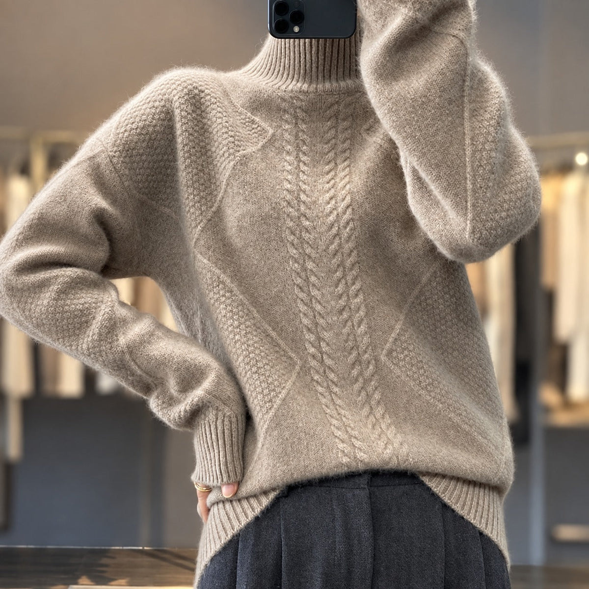 Women's Turtleneck Sweater with Textured Design Loose Fit