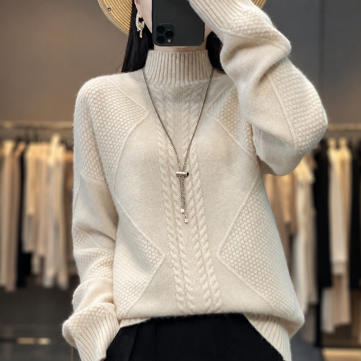 Women's Turtleneck Sweater with Textured Design Loose Fit
