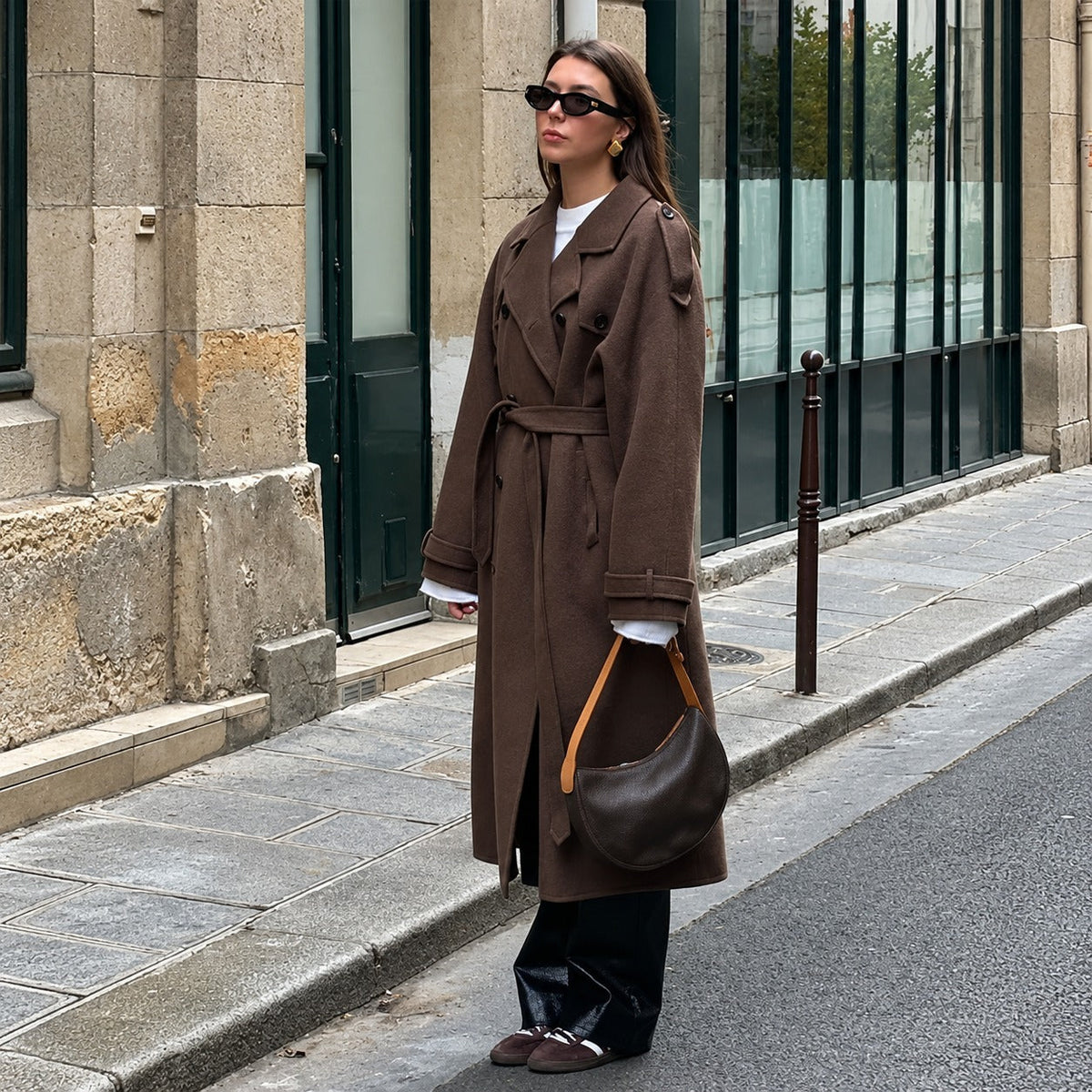 Double-Breasted Women's Coat with Belt - Long Sleeve, Classic Collar