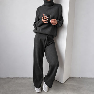 Casual Set for Women - Turtleneck Sweater and Wide Pants with Loose Fit