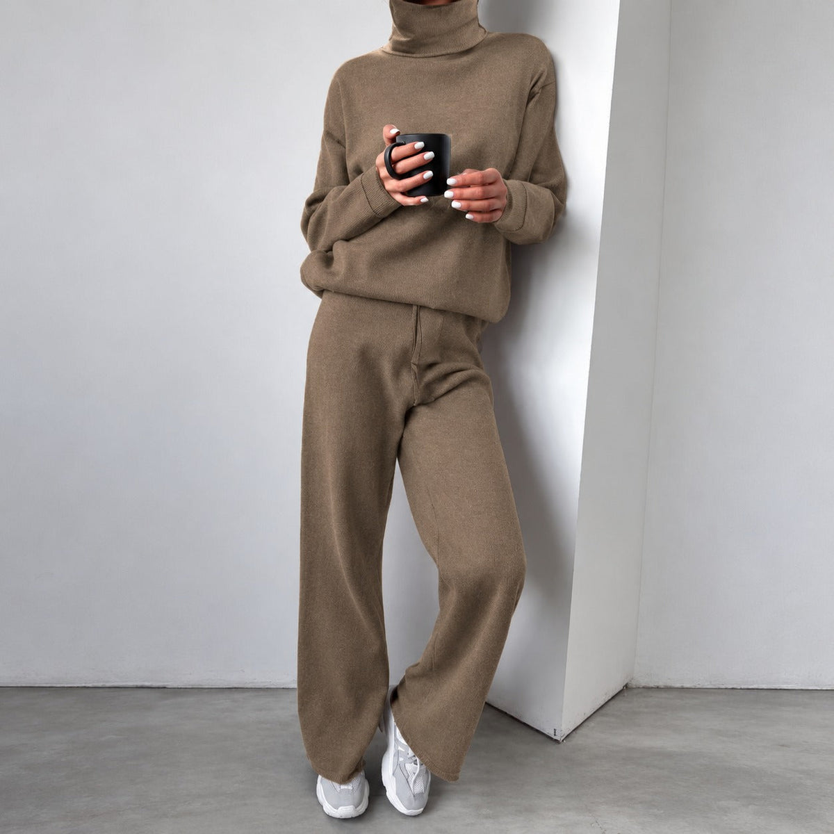 Casual Set for Women - Turtleneck Sweater and Wide Pants with Loose Fit