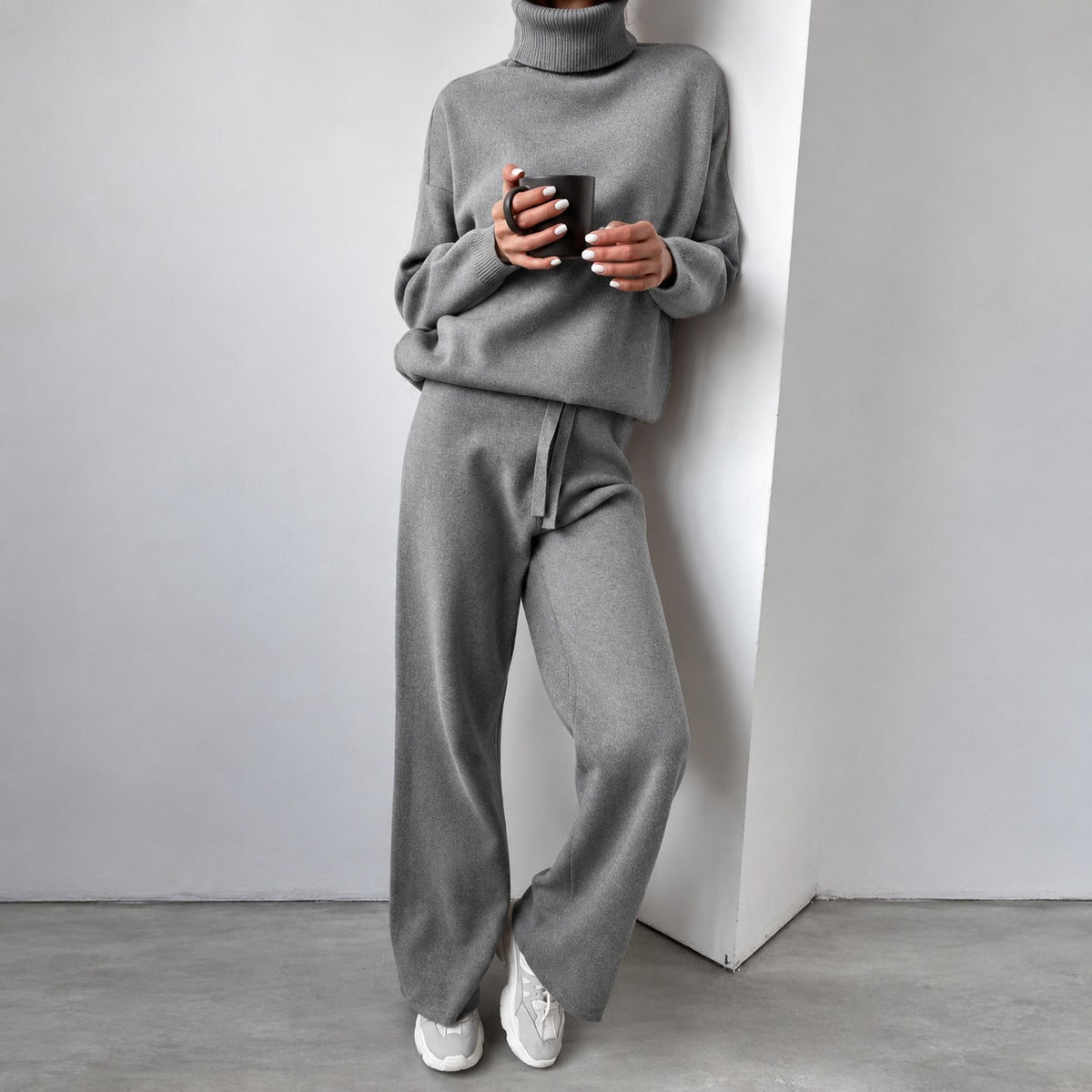 Casual Set for Women - Turtleneck Sweater and Wide Pants with Loose Fit