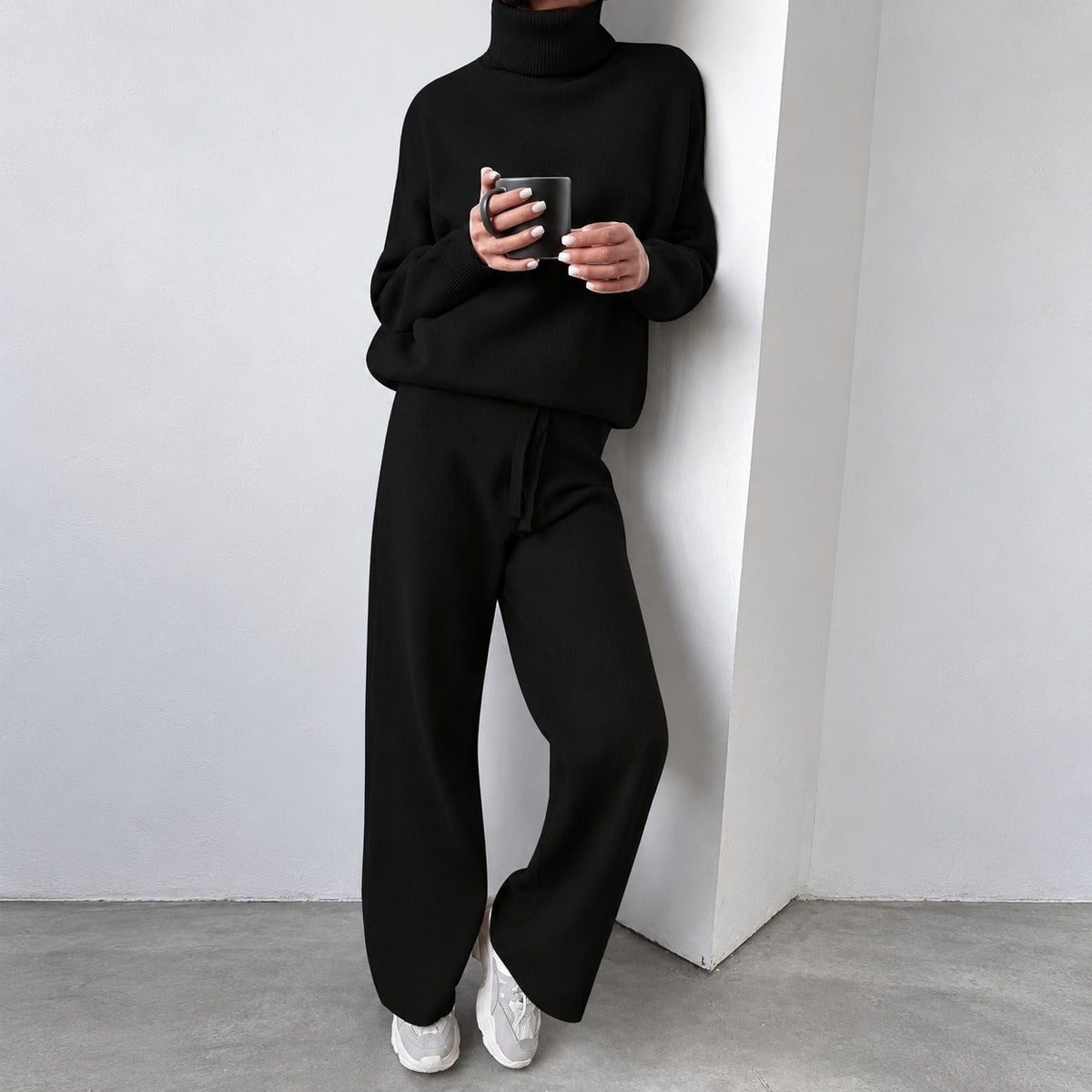 Casual Set for Women - Turtleneck Sweater and Wide Pants with Loose Fit