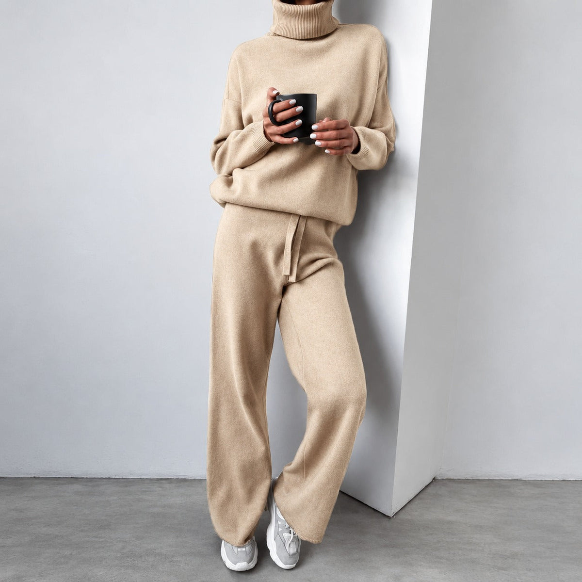 Casual Set for Women - Turtleneck Sweater and Wide Pants with Loose Fit