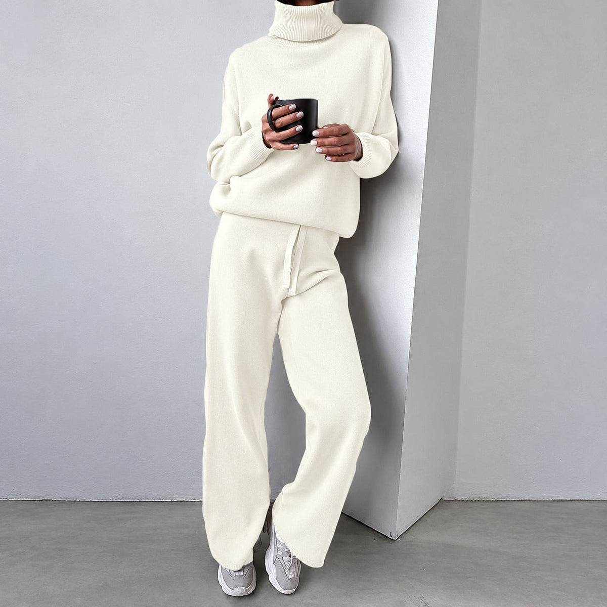 Casual Set for Women - Turtleneck Sweater and Wide Pants with Loose Fit
