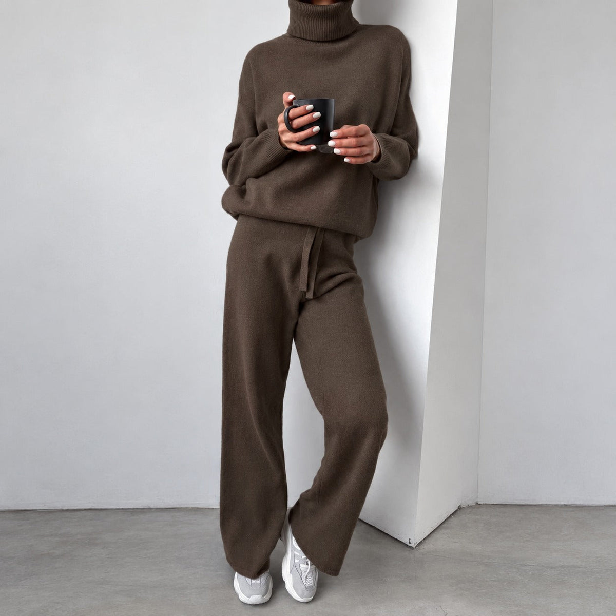 Casual Set for Women - Turtleneck Sweater and Wide Pants with Loose Fit