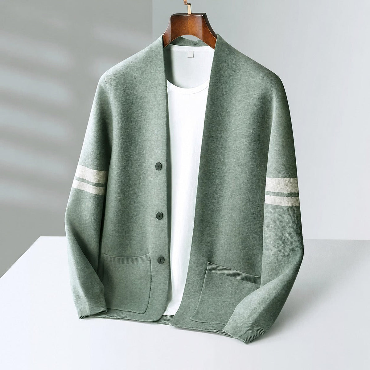 Men's cardigan with button placket - Contrast stripes, loose fit