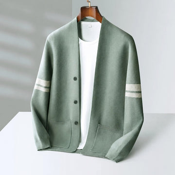Men's cardigan with button placket - Contrast stripes, loose fit