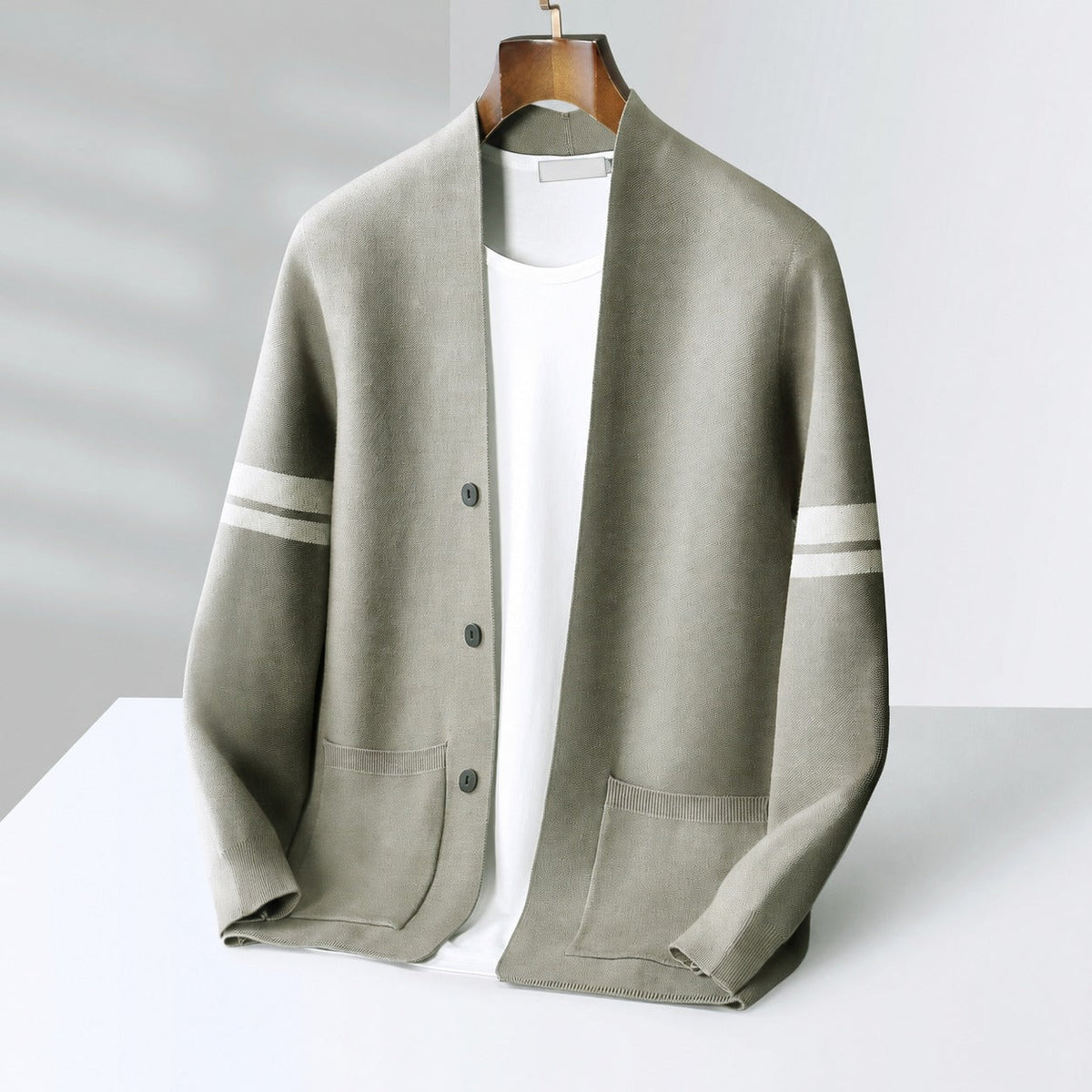 Men's cardigan with button placket - Contrast stripes, loose fit